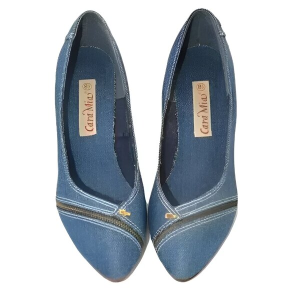 LA1816_MAELLE_LIGHTDENIM_01.  CM Vintage 80s Designer Leather Denim Twill Blue Jeans Cone Heels Pumps 8.5